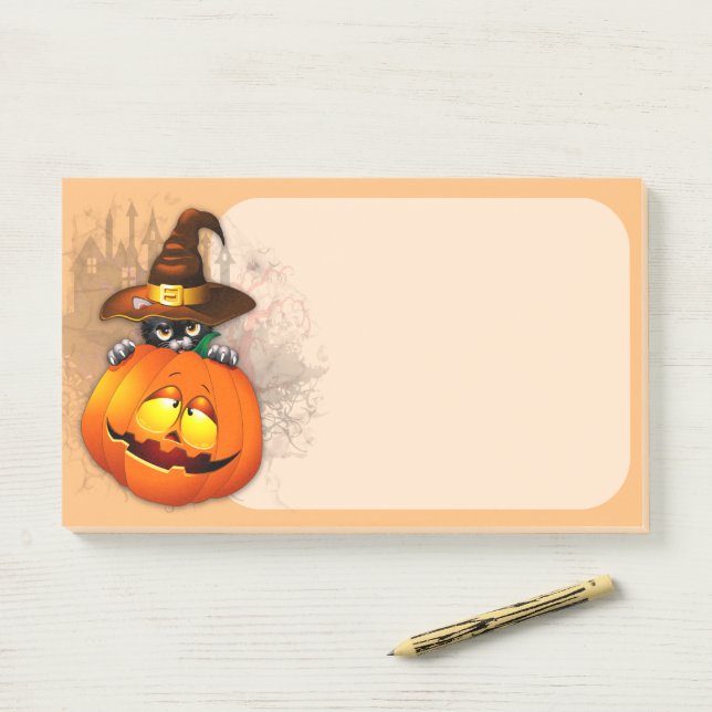 Post-it® Halloween Cute Kitty Witch et ami Citrouille (Sur un bureau)