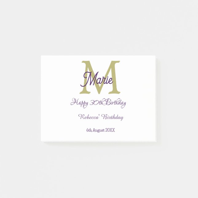Post-it® Happy 30th Birthday goldenadd name monogram modern (Devant)
