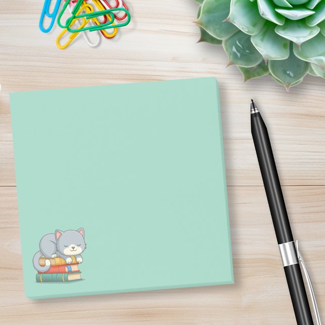 Post-it® Happy Cat on top of a Book Stack Green (Créateur téléchargé)