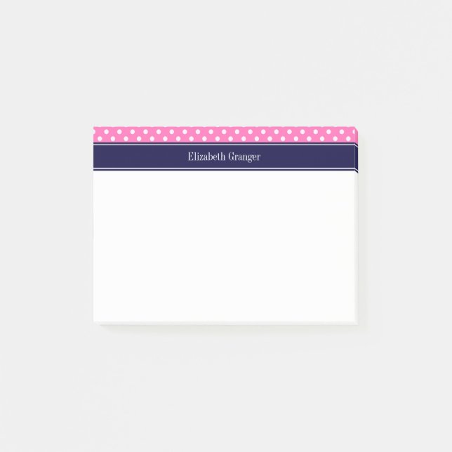 Post-it® Hot Pink #2 Wht Polka Dots Navy Blue Name monogram (Devant)