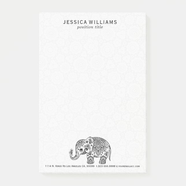 Post-it® Illustration de l'éléphant Paisley Floral Noir (Devant)
