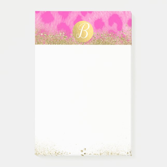 Post-it® Imprimé léopard rose paillettes dorées monogramme (Devant)