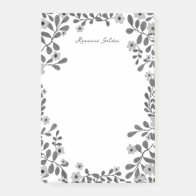 Post-it® Joli cadre floral B&W NOM PERSONNALISÉ Bloc-notes (Devant)