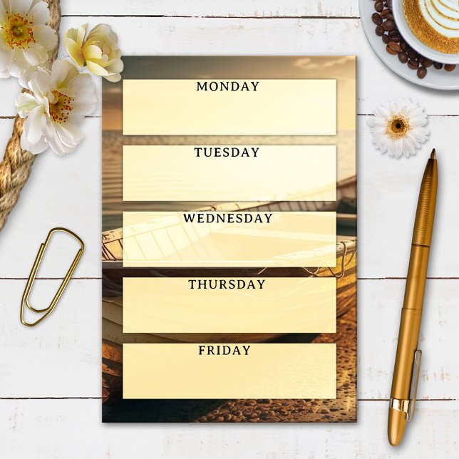 Post-it® Jours de la semaine Jaune soleil (Post it notes showing an image of a rowing boat with 5 text field overlays for each day of the week)