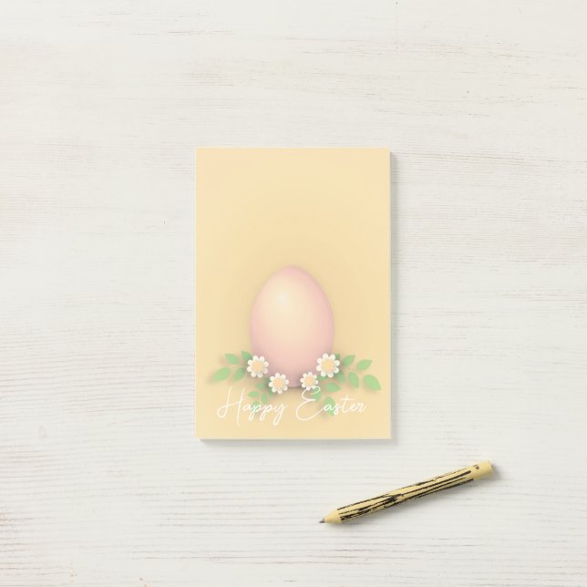 Post-it® Joyeux Oeuf de Pâques & Fleurs jaune rose pastel (Sur un bureau)
