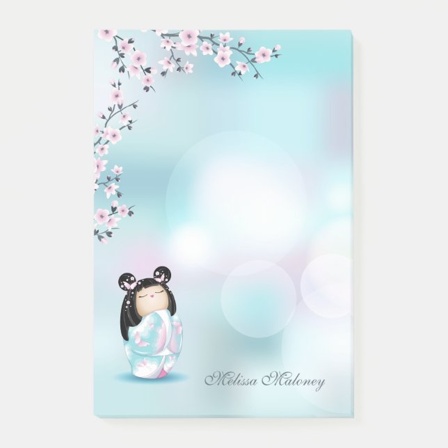 Post-it® Kokeshi Doll Cherry Blossom rose Turquoise Nom (Devant)