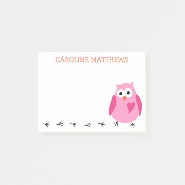 Post-it® Le hibou rose mignon avec des filles de coeur a (Devant)