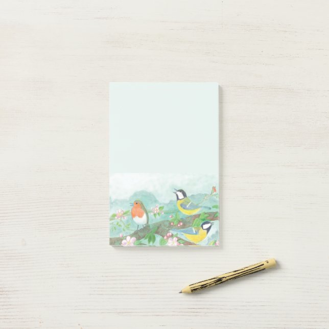 Post-it® Les oiseaux chantent sur une branche d'arbre en fl (Sur un bureau)