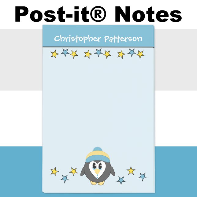 Post-it® Manchot mignon nom étoiles enfants bleu jaune (Créateur téléchargé)