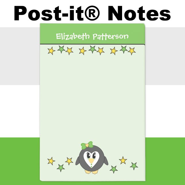 Post-it® Manchot mignon nom étoiles enfants vert jaune (Créateur téléchargé)