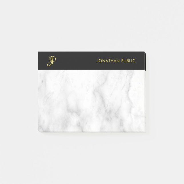 Post-it® Marbre blanc Modèle monogramme Black Gold (Devant)