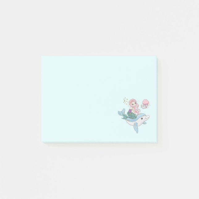 Post-it® Mignonne sirène chevauchant un dauphin sous la mer (Devant)