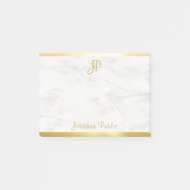 Post-it® Modèle de monogramme manuscrit Marbre blanc Gold (Devant)