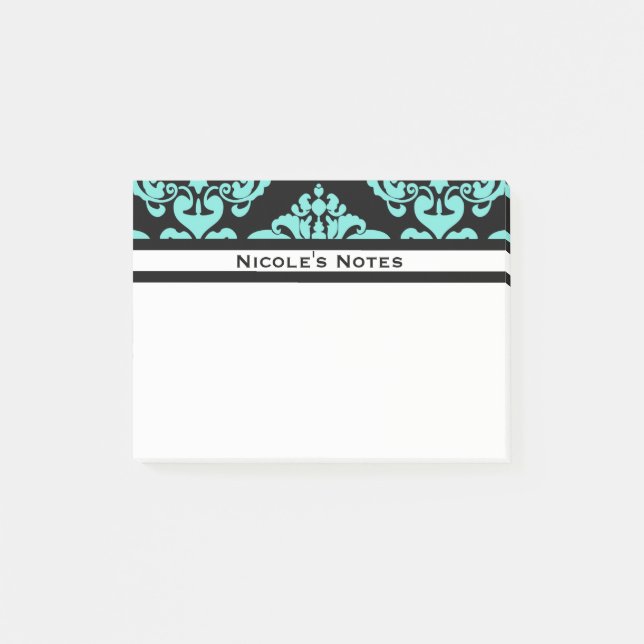 Post-it® Modèle turquoise Aqua Black Damask Moderne Personn (Devant)