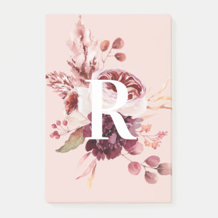 Post-it® Moderne Pastel Rose & Flore Rouge Avec Initiale