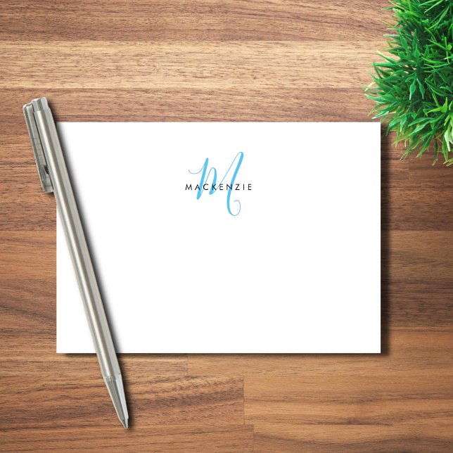 Post-it® Monogramme élégant moderne blanc ciel bleu script (Créateur téléchargé)