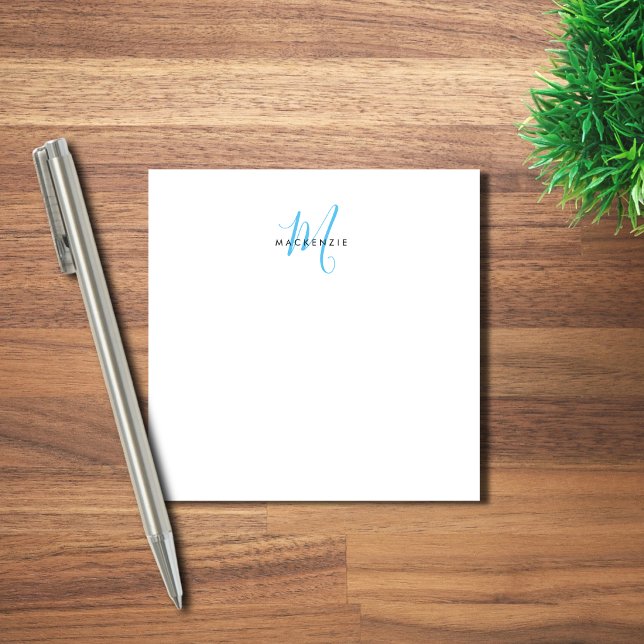 Post-it® Monogramme élégant moderne blanc ciel bleu script (Créateur téléchargé)