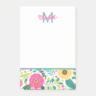 Post-it® Monogramme floral de printemps rose et sarcelle