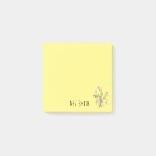 Post-it® Monogramme floral jaune au nom de l'enseignant