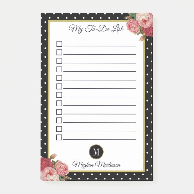 Post-it® Monogramme Floral Noir Pois Nom à faire (Devant)