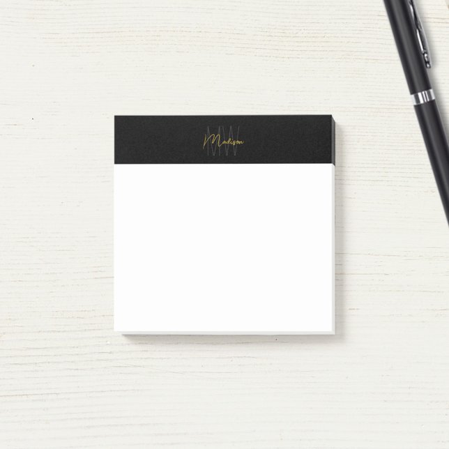 Post-it® Monogramme Logo Noir et Or Moderne Minimaliste (Monogram Logo Black and Gold Modern Minimalist Post-it Notes)
