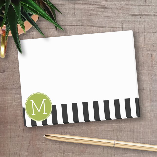 Post-it® Monogramme vert Motif rayé noir et blanc (Personalized Post-it notes - add your name and other text)