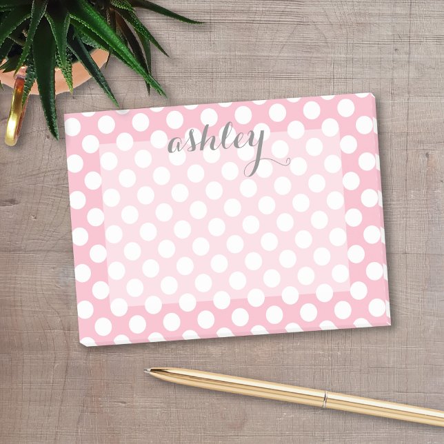 Post-it® Motif à points rose avec un nom de script gris (Personalized post-it notes with a monogram and contact information - low quantity available)