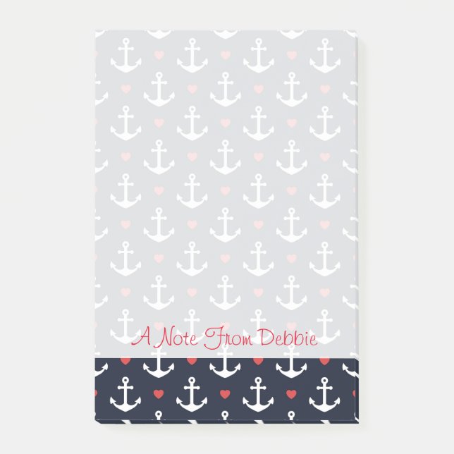 Post-it® Motif Coeurs Et Ancres| Ajouter votre nom (Devant)