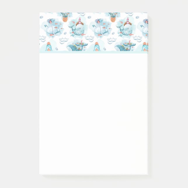 Post-it® Motif d'aquarelle de la belle baleine nautique (Devant)