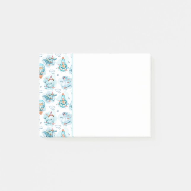 Post-it® Motif d'aquarelle de la belle baleine nautique (Devant)