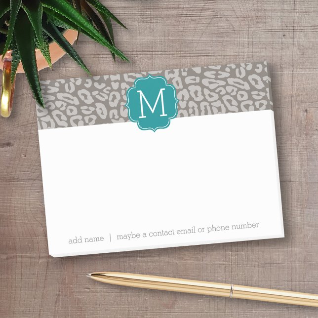 Post-it® Motif Empreinte de léopard tendance avec Aqua Mono (Personalized post-it notes with an area to add your name or other text)
