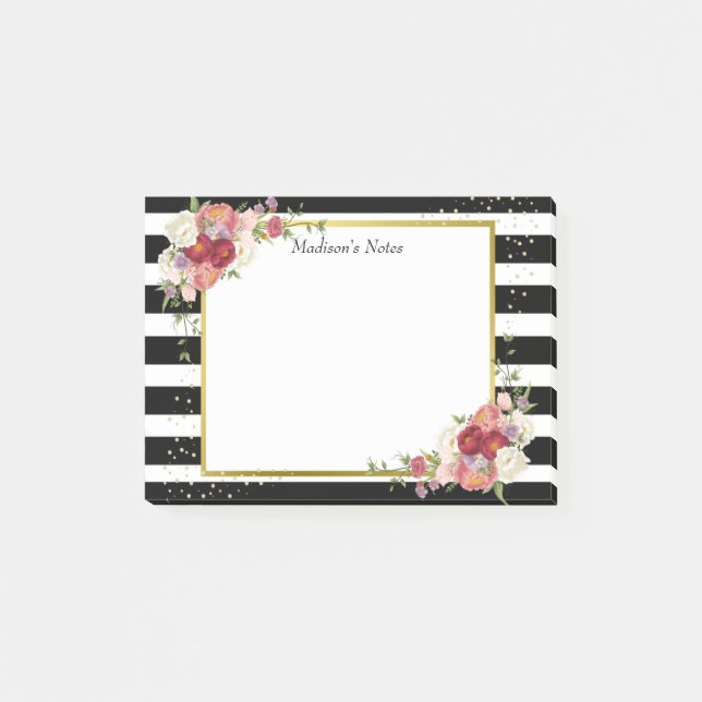 Post-it® Noir Blanc rayé Floral Or | Personnalisé (Devant)