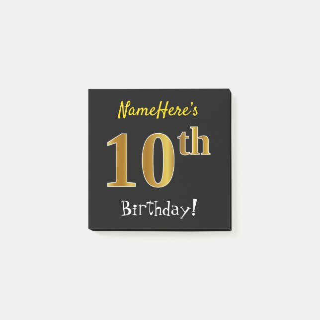 Post-it® Noir, Faux Gold 10e anniversaire, avec nom personn (Devant)