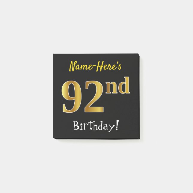 Post-it® Noir, Faux Gold 92e Anniversaire, Avec Nom Personn (Devant)