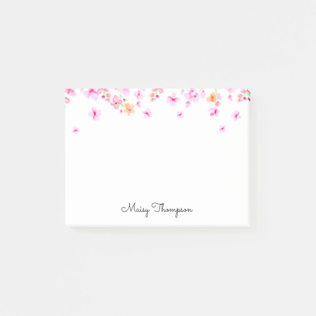 Post-it® Nom de script de fleur d'aquarelle rose élégant (Devant)