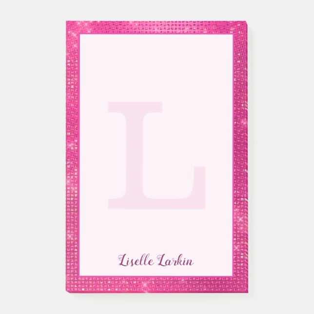 Post-it® Nom du monogramme étincelant brillant rose-chaud (Devant)