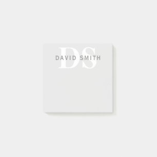 Post-it® Nom et monogramme modernes   Blanc gris clair et f