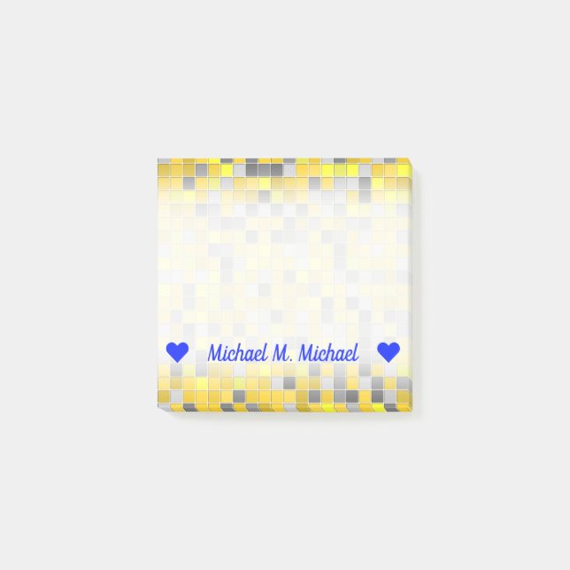Post-it® Nom ; Jaunes et motif de carrés carrelé par gris (Devant)