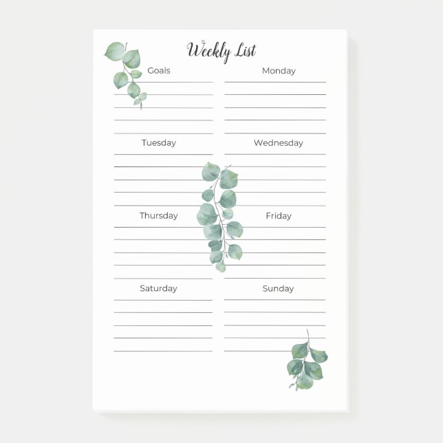 Post it Notes 4"x6" Greenery Leaves Weekly List (Front)