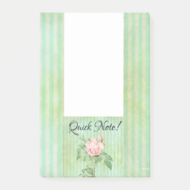 Post-it Notes Green Stripe Floral Pink Rose (Front)