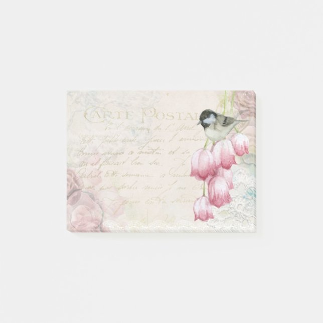 Post-it® Oiseau et fleurs avec écriture manuscrite Shabby V (Devant)