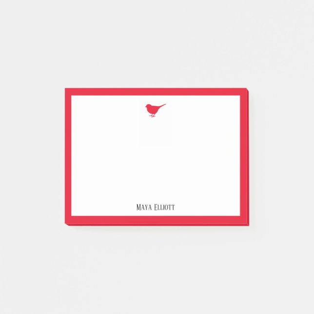 Post-it® Oiseau Rouge Clair et Bordure avec Blanc & Nom (Devant)