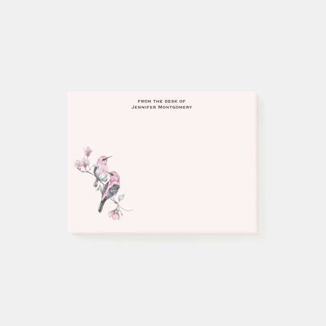 Post-it® Oiseaux roses et noirs sur une branche d'arbre (Devant)