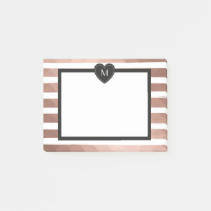 Post-it® or rose, rayures blanches, coeur noir monogramm