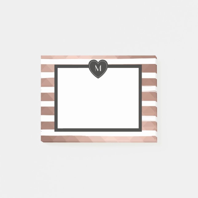 Post-it® or rose, rayures blanches, coeur noir monogramm (Devant)