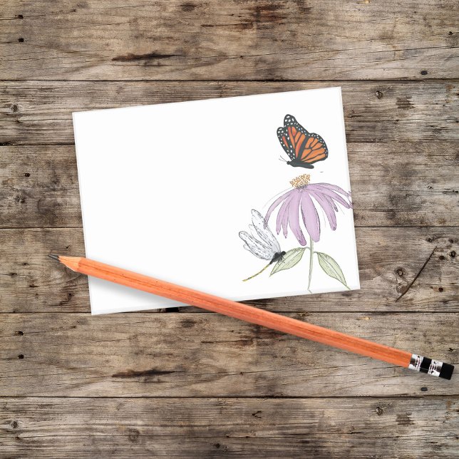 Post-it® Papillon élégant et fleurs violettes Élégant blanc (Butterfly and dragonfly with purple cone flower post it notes)