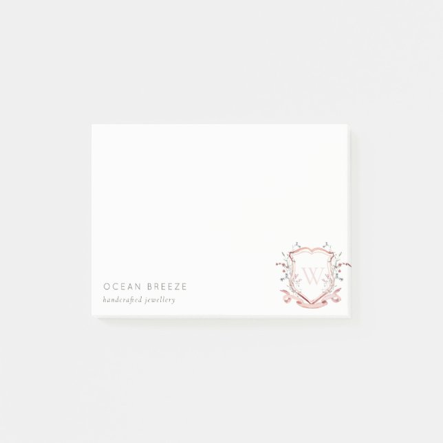 Post-it® Pastel Rose Fleur sauvage Aquarelle Crest Monogram (Devant)