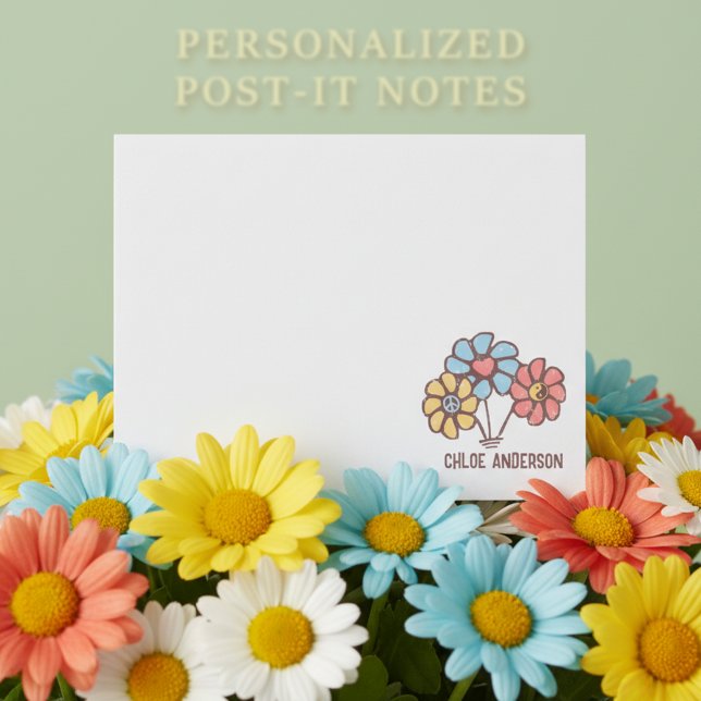 Post-it® Peace Love Harmony 60s Daisies rétro avec nom (🌼Retro daisies post it notes with custom name. 🌼)