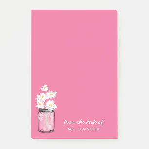 Post-it® Personnaliser Note Pink Mason Jar White Daisy Flor