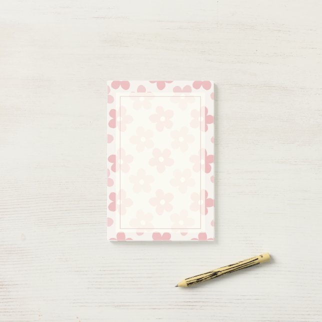 Post-it® Pink Cream Daisy Flowers Retro Pattern (Sur un bureau)